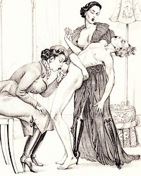 dominant woman holds her passive naked male slave while another woman sucks on his penis