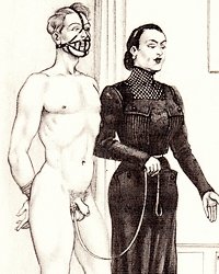 dominatrix leads muzzled submissive man by a leash clipped to his balls and testicles