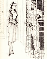 dominatrix inspects caged man