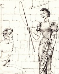 strong femdom torments man bound and sitting on a bed of sharp spikes