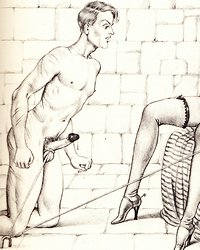 dominant woman pleasures herself while tugging on a bound man's roped balls