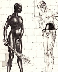 latex or rubber or leather covered catsuit dominatrix birches a tied submissive man until he bleeds