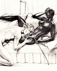 submissive male forced to orally pleasure a dominatrix who has unzipped the pussy of her rubber cat suit