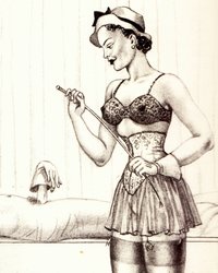 dominant woman with riding crop about to whip tied man whose dick has been covered with a glove for modesty and humiliation