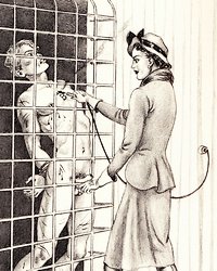 cruel woman branding the chest of a caged submissive man with a hot electric soldering iron