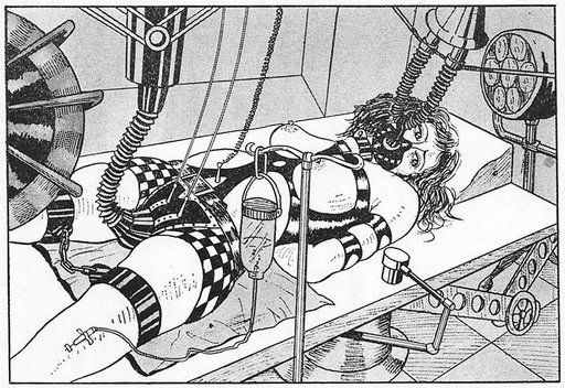 bondage pussy surgery in an erotic mad science style from Japanese fetish magazine Kitan Club