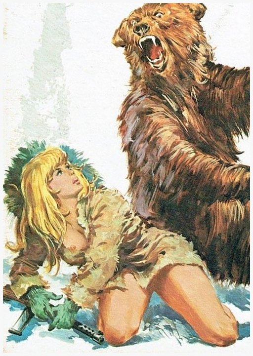 bonnie is about to shoot a bear with a dumb little machine pistol in Alaska italian pulp fumetti comic