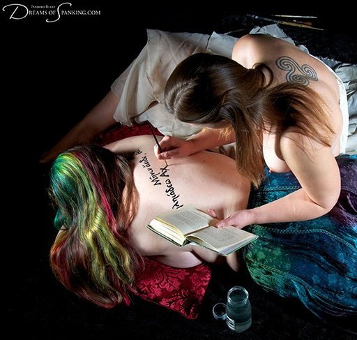 writing lines in greek on her flesh with real ink -- pandora blake and adele haze