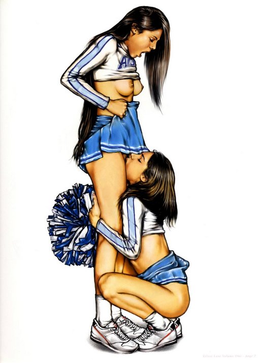 one kneeling cheerleader licks another cheerleaders cunt while kneading her ass with pom-poms as she holds up her cute cheerleader outfit pleated skirt 