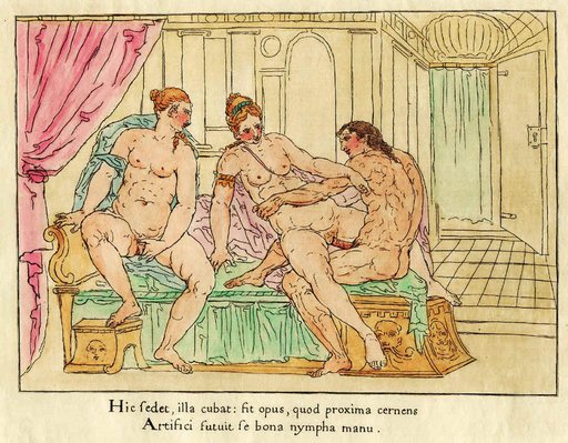 three-way sex engraving with latin inscription