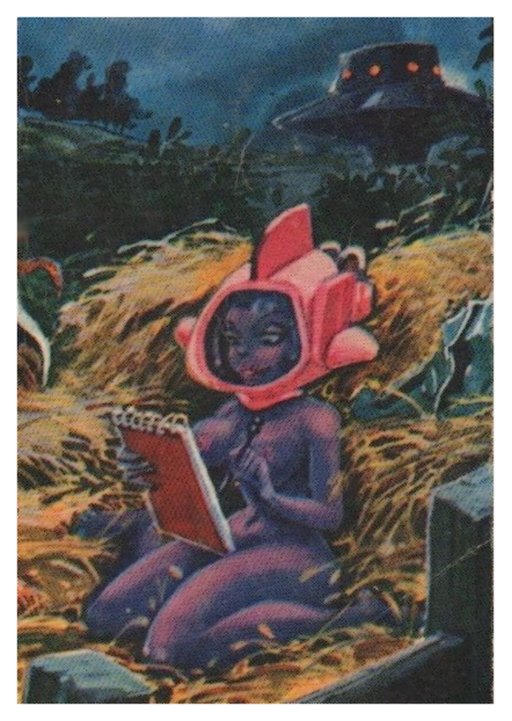 blue alien woman kneeling in a skintight suit with a steno pad and a fancy winged helmet