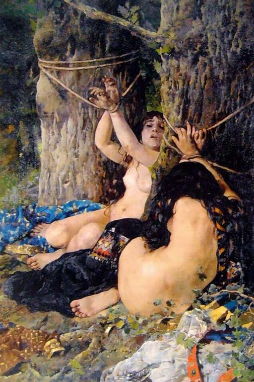 19th century impressionist art of two women tied to trees