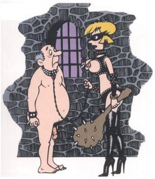 a fat little man with a mean dominatrix