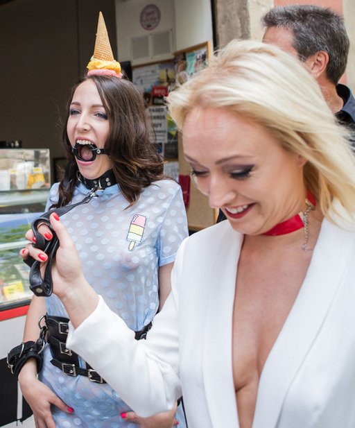 ring gagged slave girl with an ice cream cone on her head