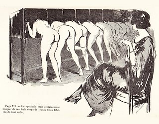 eight naked girls taking in a peep show while being watched by an older woman