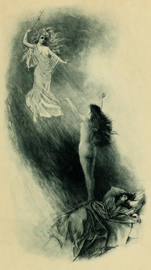 poetry illustration: bare-breasted queen mab descends to wake up a naked sleeping Ianthe