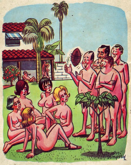 skeevy dudes at a nudist/naturist camp confronting some naked/nude women to ask if they want to play football or rugby