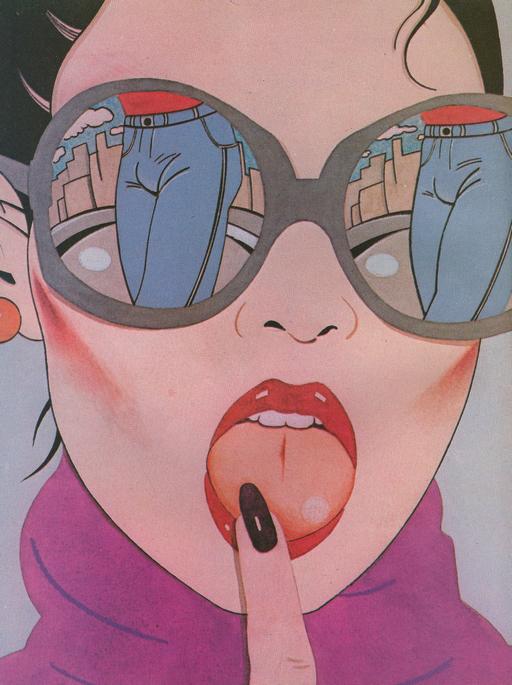 woman with mirror shades is looking at a man and his package