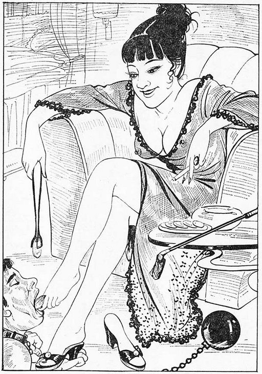 Japanese dominatrix feeds cookies to her slave with her toes in Kitan Club illustration