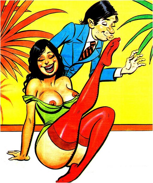 happily kissing her feet as she wears bright red stockings and no panties
