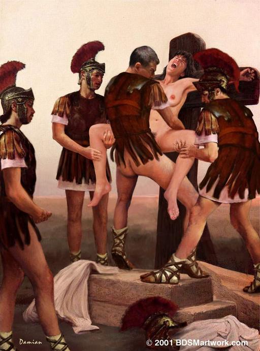 four Roman soldiers having bondage sex with a crucified woman