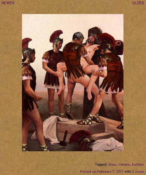 a screenshot of the tumblr page where I found Jesus getting butt sex from four Roman soldiers