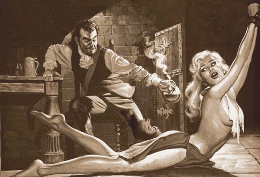 woman in peril in dungeon of madman with fuming acid
