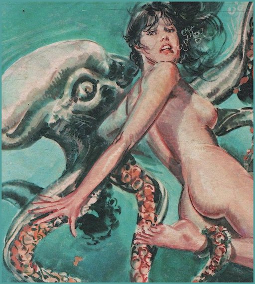 naked woman being dragged to her watery drowning death by a giant octopus or squid or sea monster