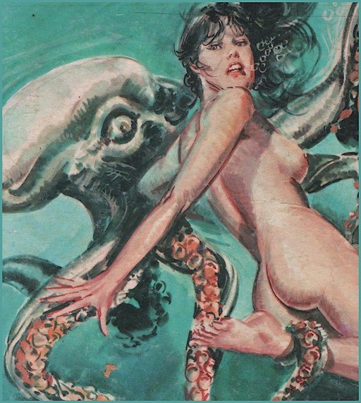 naked woman being dragged to her watery drowning death by a giant octopus or squid or sea monster