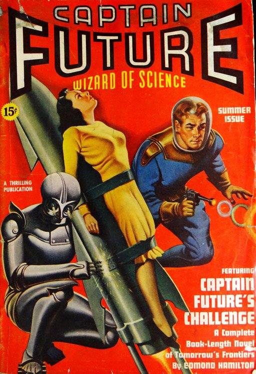 pulp cover woman strapped to a rocket