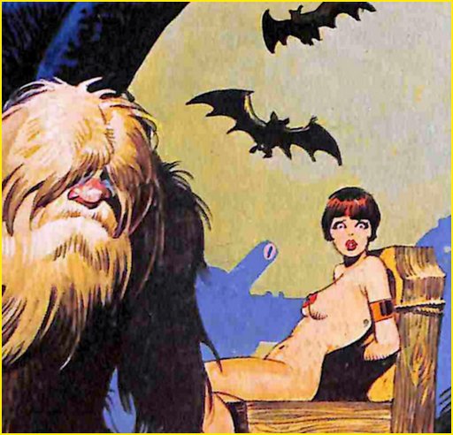 worried woman tied to a chair while vampire bats wheel in the sky and a furry yeti dude grumps in the foreground