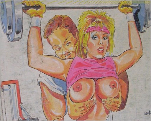 sleazy weight lifter has his hands on her boobs while she lifts heavy weights