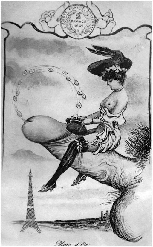 topless sex worker riding a flying penis through the skies over paris as semen flies out of the dick and into her purse as coins of gold