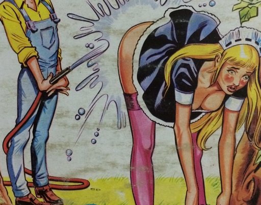 drenching a flower-picking maid's bottom with cold water from a hose that he's holding like it's his dick