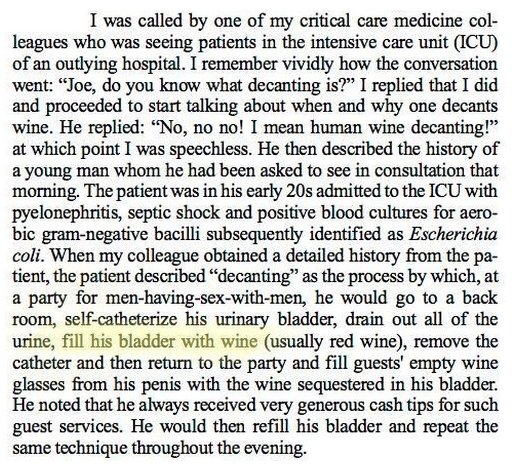 septic shock from human wine decanting: loading his bladder with red wine and then peeing it out into glasses for the customers