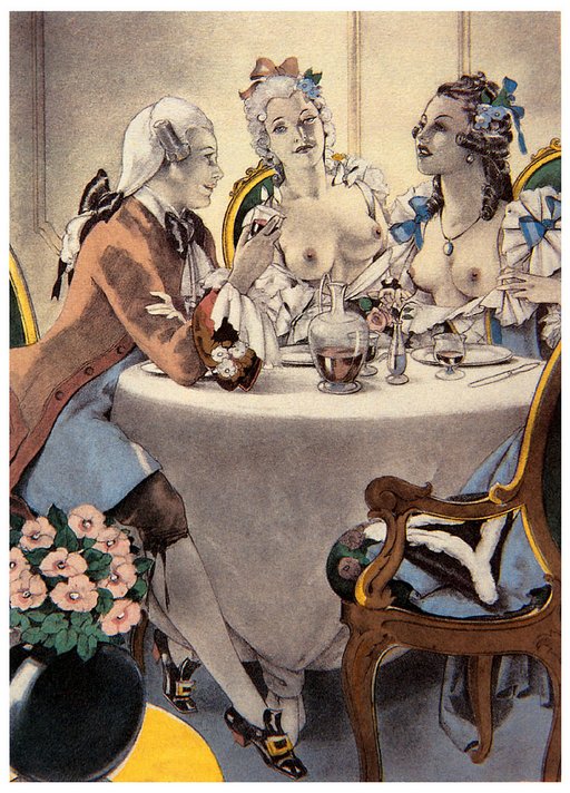intimate dinner with two bare-breasted sex workers