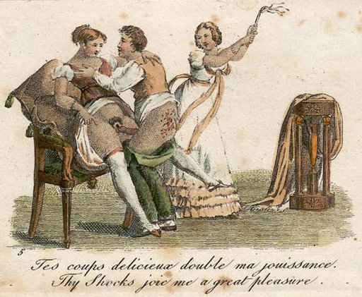 man is beaten on the ass with a martinet whip by one woman while he fucks another