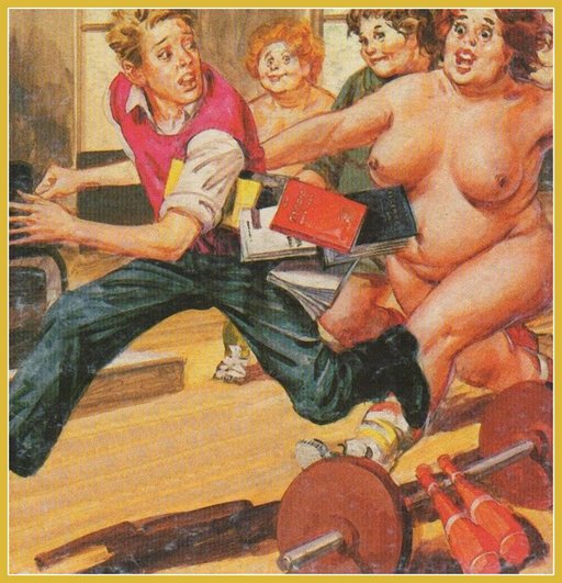 large women with no clothes on pursuing a surprised college freshman across campus