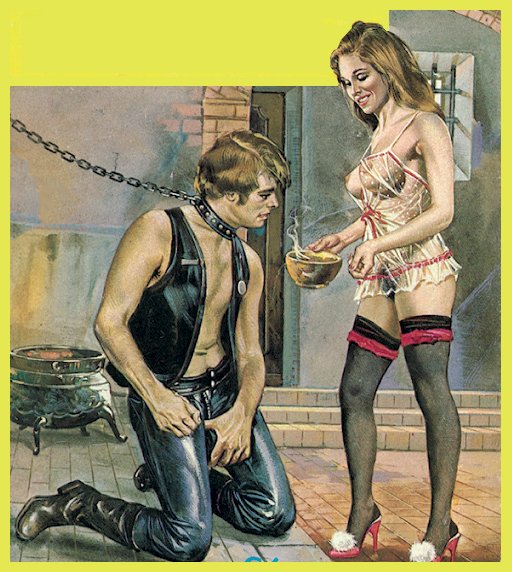 femdom captor dominatrix feeds soup to her boy toy twink slave on a chain