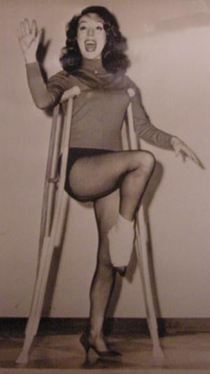 Lisa Kirk on crutches and wearing a plaster cast