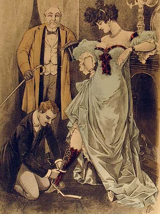 man kneels to measure the ankle of a great lady while another man watches impatiently, cane in hand