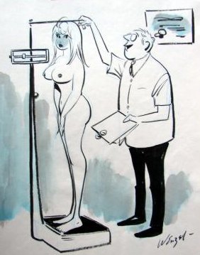 doctor weighing and measuring a naked woman