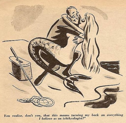 a fisherman kissing an armload of very friendly mermaid