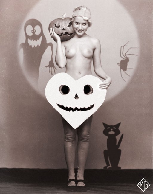 cute flapper skeleton dancer with a pumpkin and a black cat