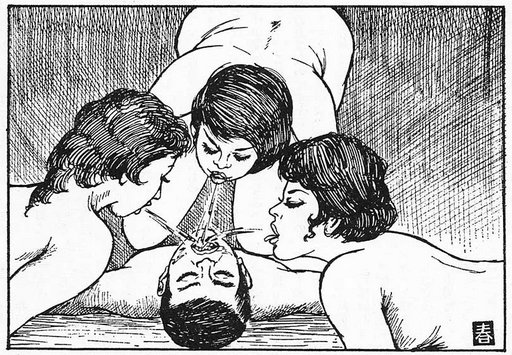 three women spitting in a submissive man's mouth