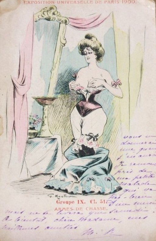 woman in a very extreme corset fondling her breasts in a postcard for the Paris Exposition of 1900