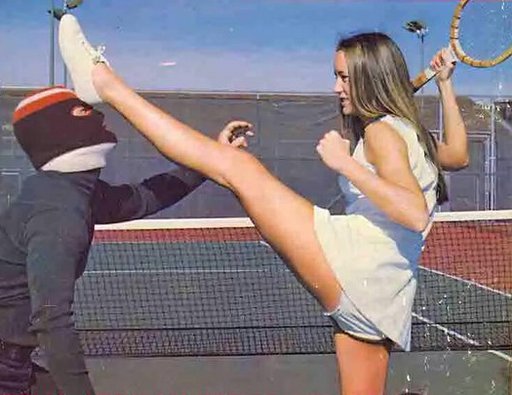 tennis chick beating up a masked mugger in broad daylight on the tennis court
