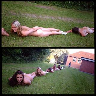 chain of happy naked people