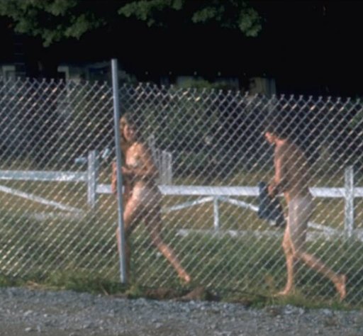 nude hippies behind a chain link fence at music festival
