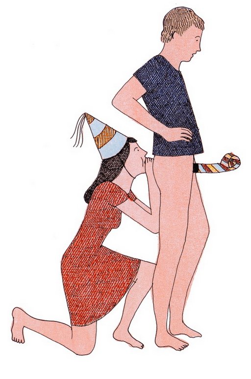 Man with a noisemaker for a penis stands while woman wearing party hat blows air up his ass or at least through his thighs
